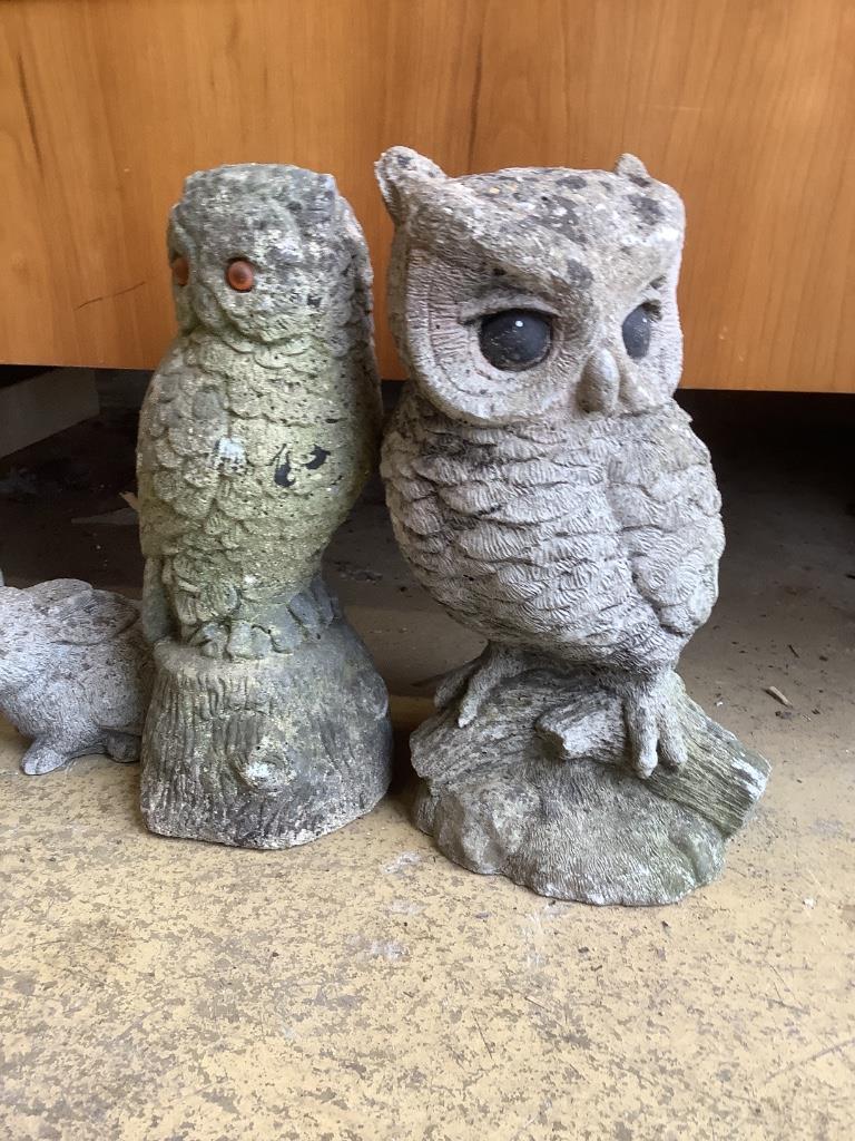 Five reconstituted stone garden animal ornaments, largest 30cm high